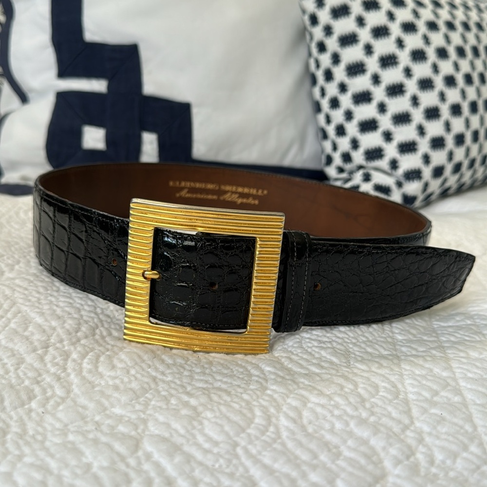 Vintage Kleinberg Sherrill Black Aligator Statement Belt with Gold Tone Buckle